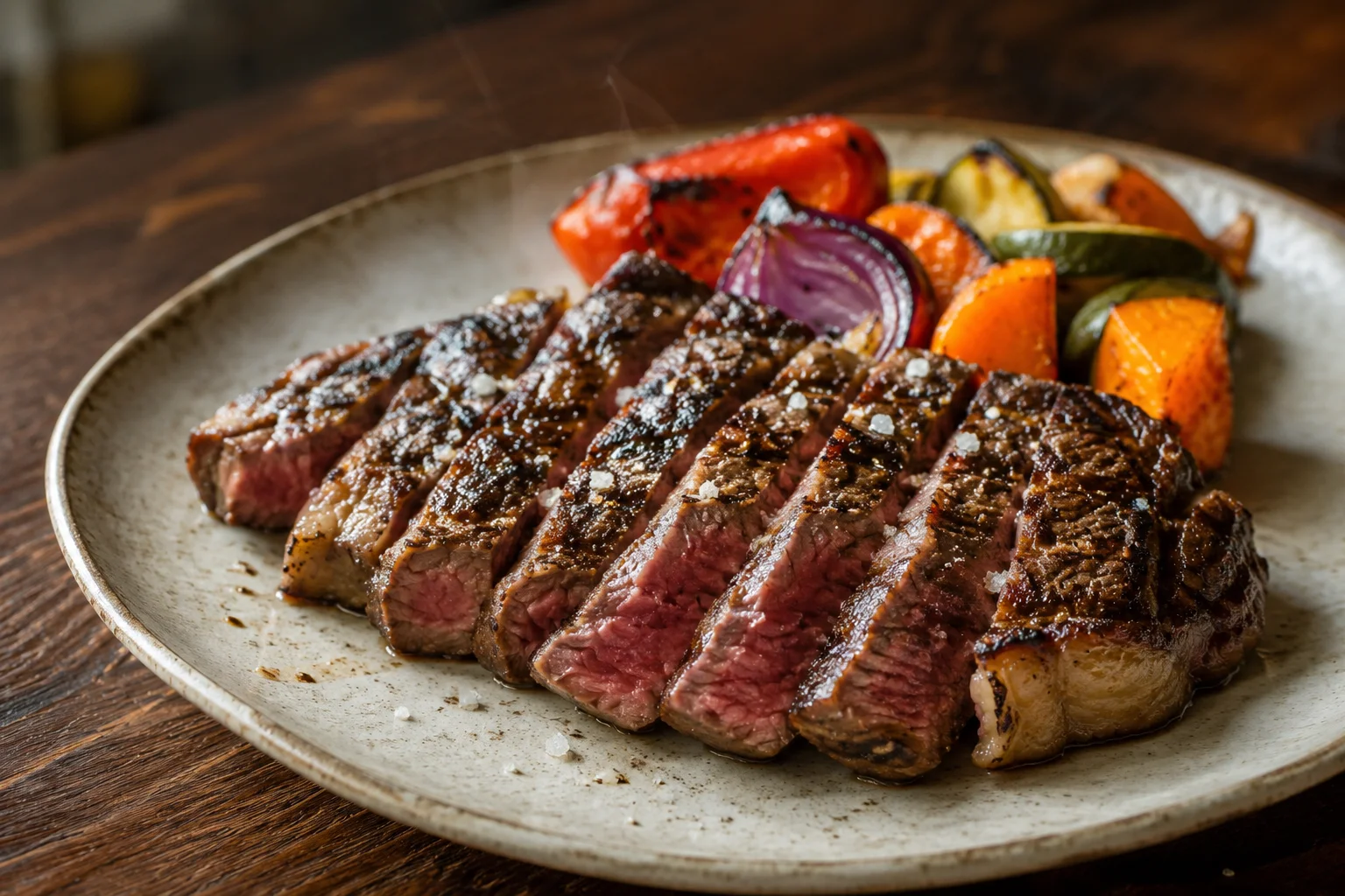 Carne a la plancha cortada en lonchas con verduras asadas en La Choza