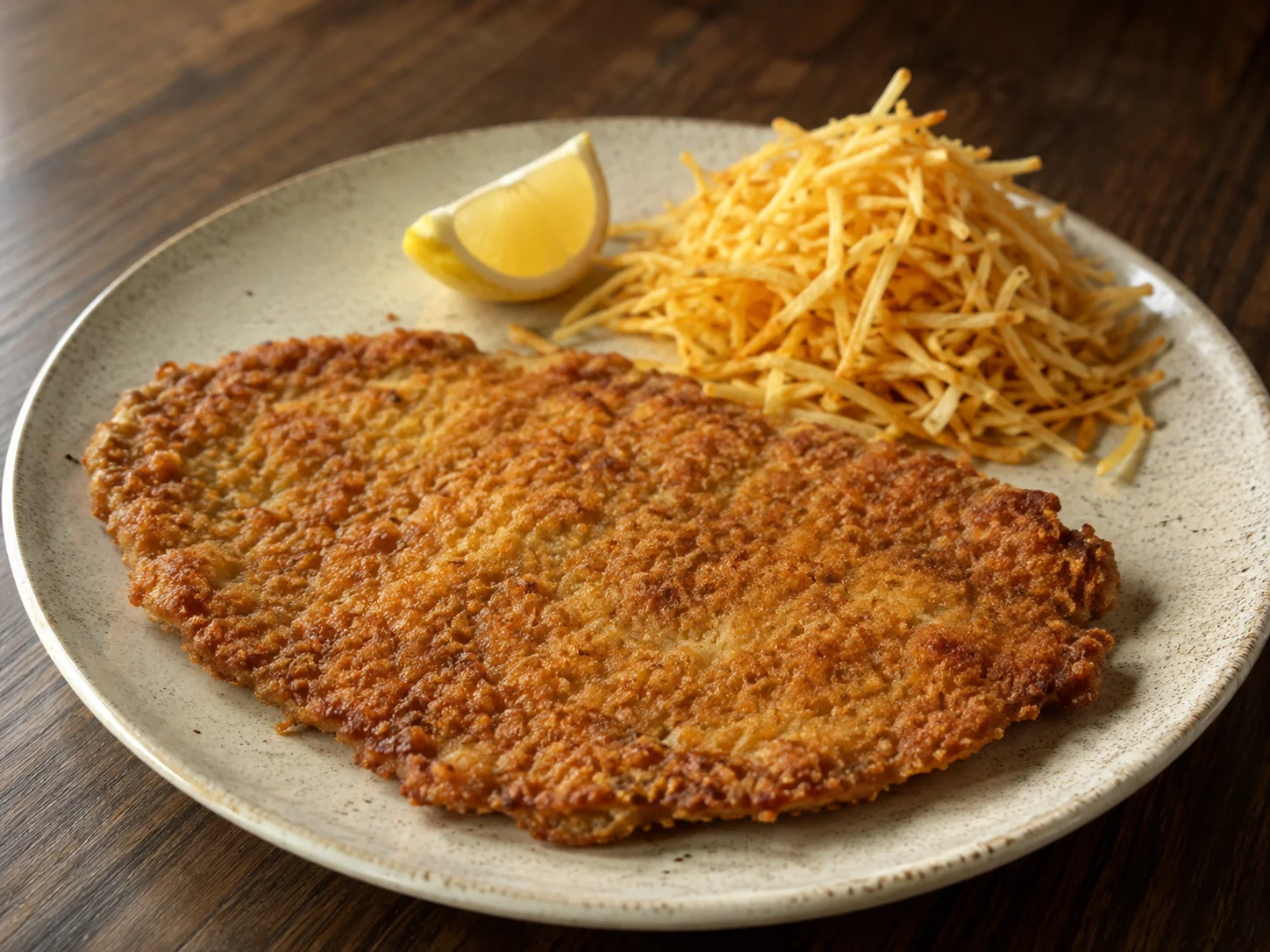 Milanesa de ternera empanada con limón y patatas paja