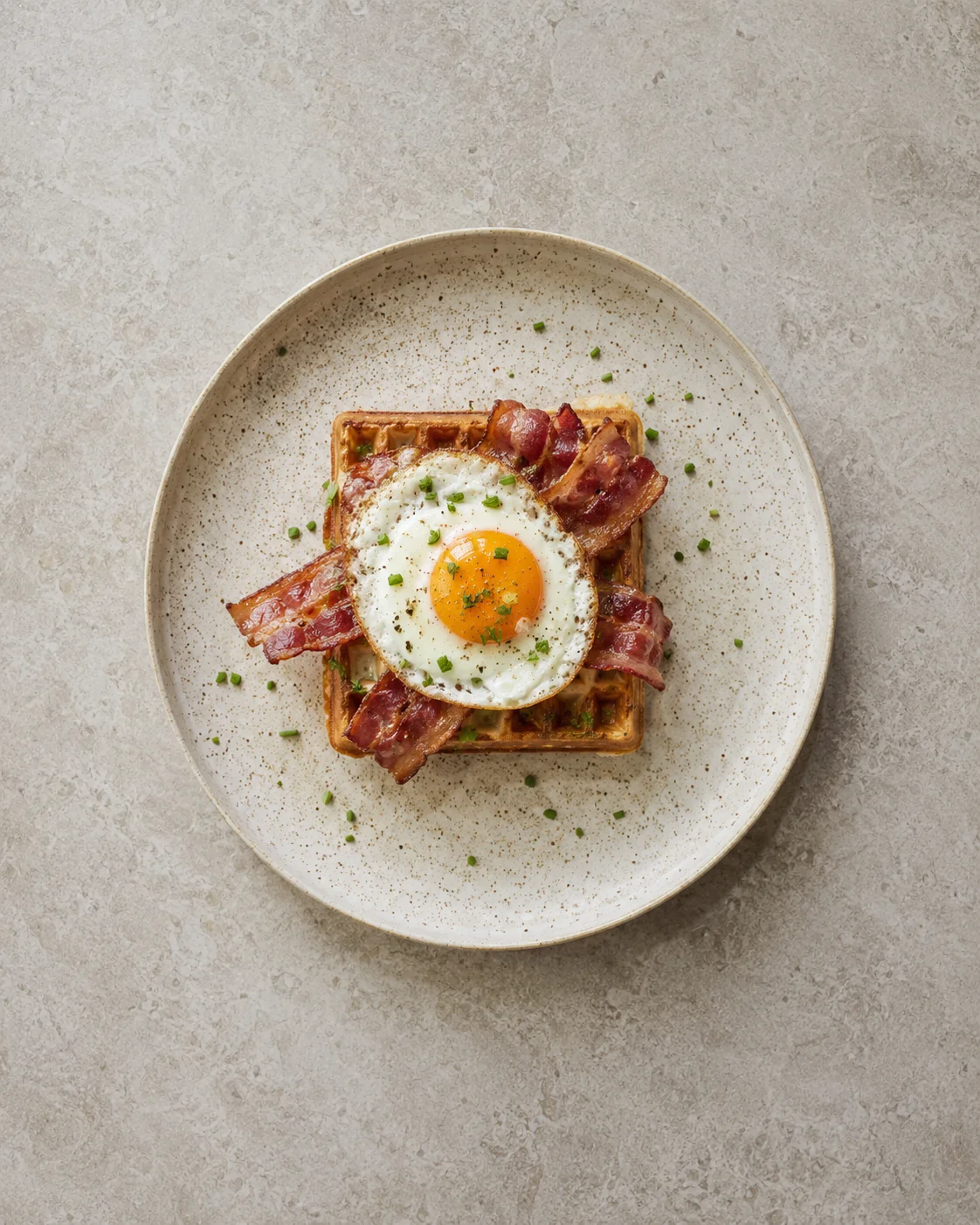 Gofre salado con bacon crujiente y huevo frito