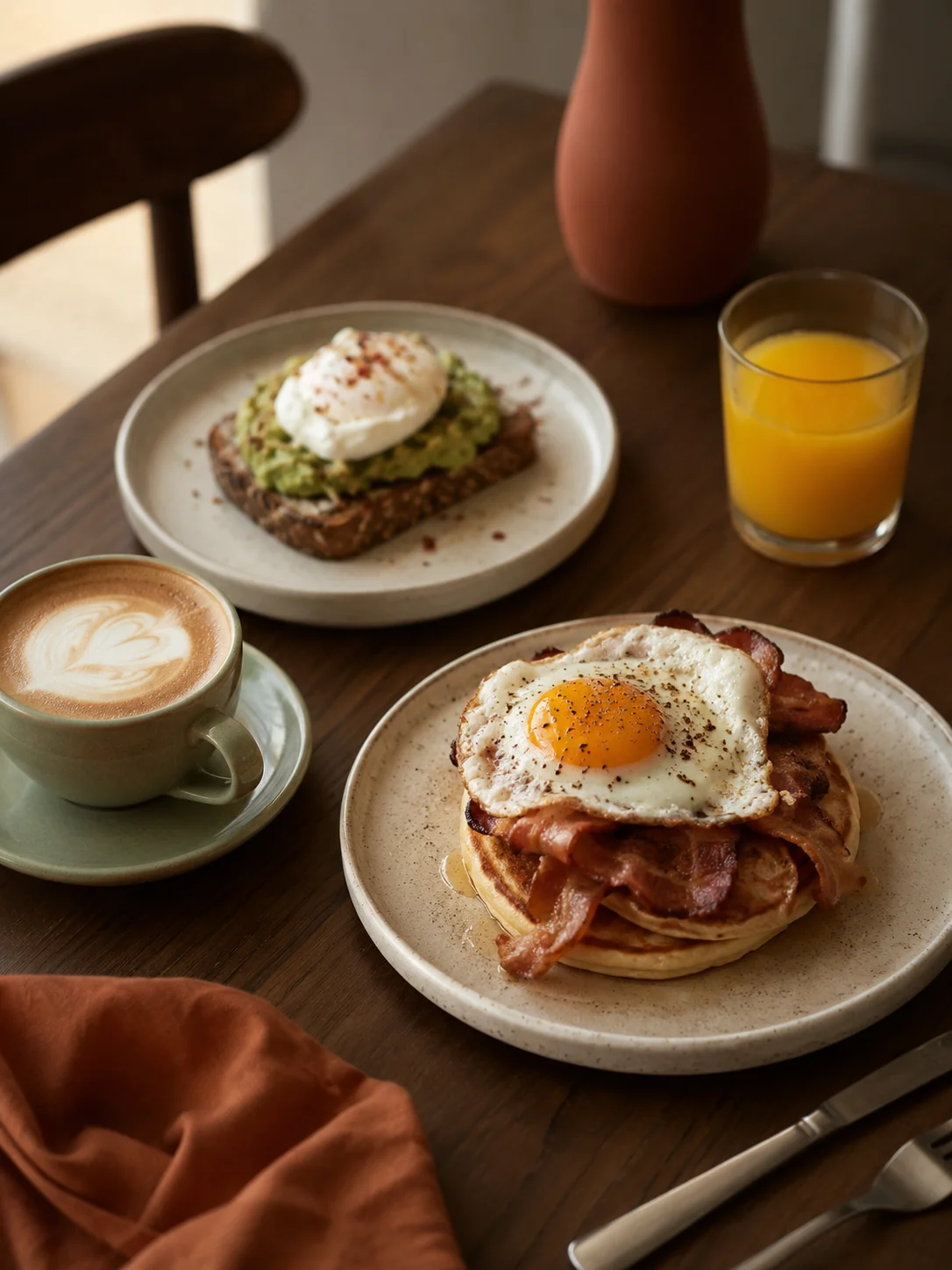 Mesa de brunch con tortitas, tostada de aguacate y zumo natural en La Choza, Barcelona